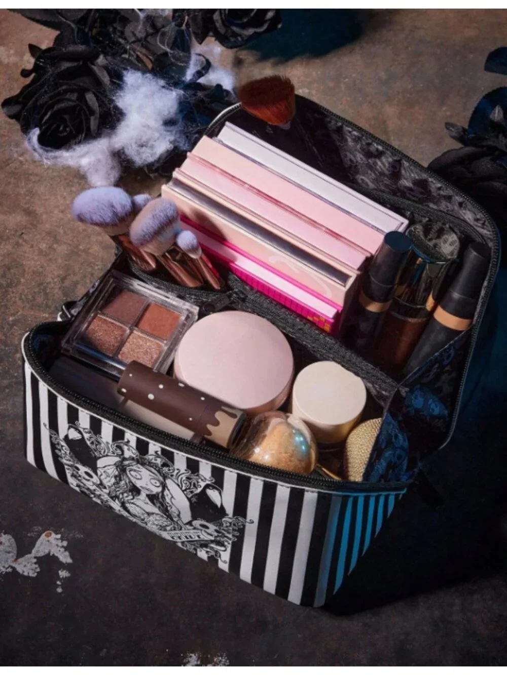 Corpse Bride Gothic Striped Makeup Bag Large Capacity PU Leather Cosmetic